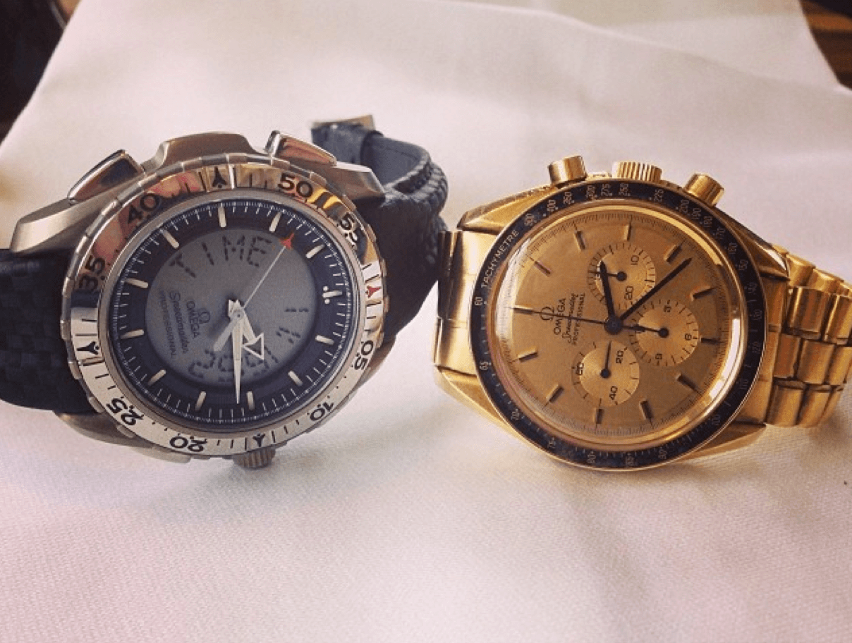 Astronaut Tom Stafford's gold Omega Speedmaster Professional next to Robert-Jan Broer’s Speedmaster Pro X-33. Photo courtesy Robert-Jan Broer