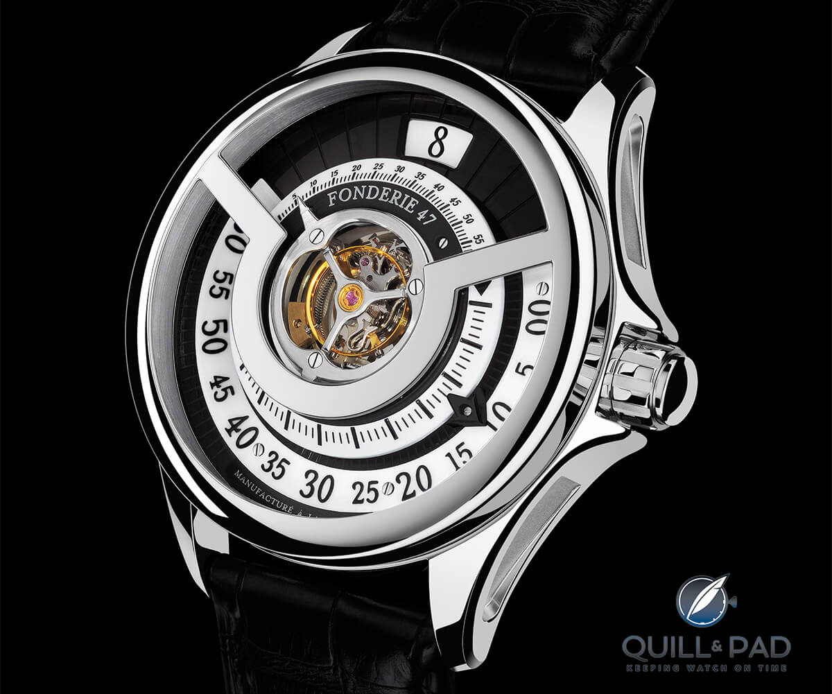 Inversion Principle by Fonderie 47: central 3-minute tourbillon, jumping hours, retrograde minutes, dual display power reserve indicator
