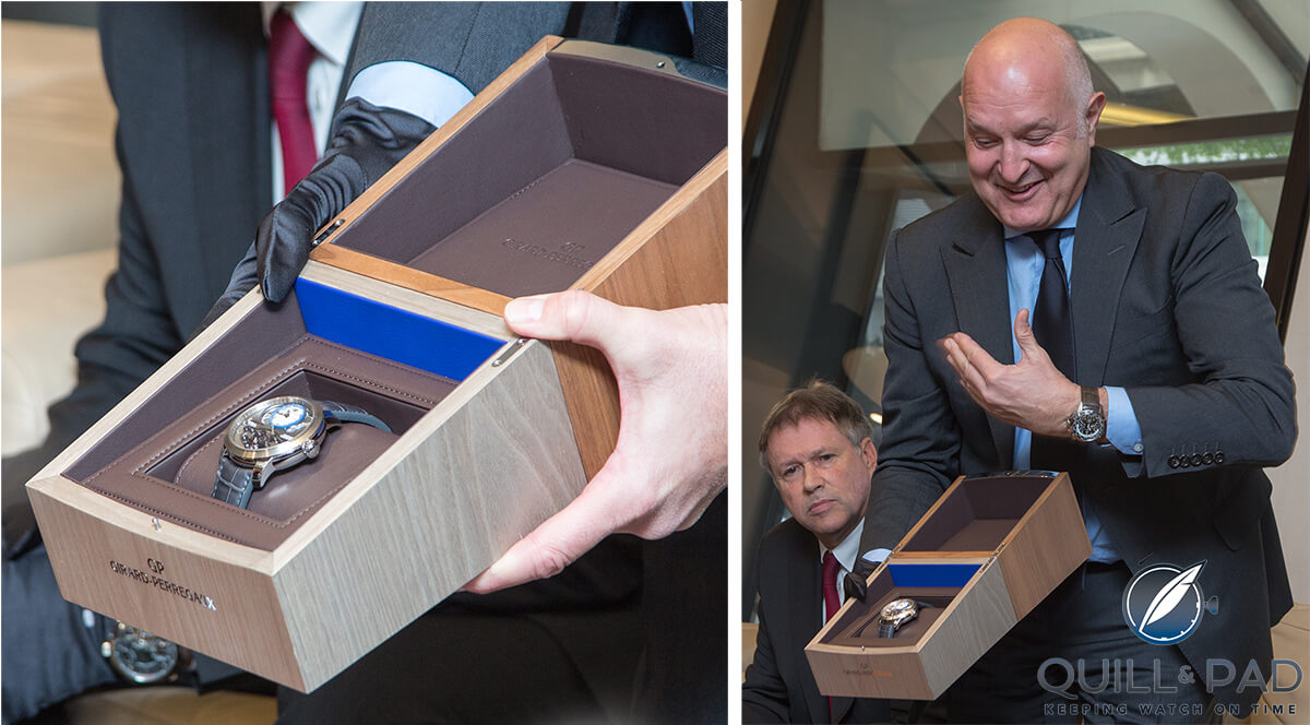 Mr Michele Sofisti, CEO of Sowind Group, the group owner of Girard-Perregaux presenting the very first Constant Escapement to Les Ambassadeurs in Geneva