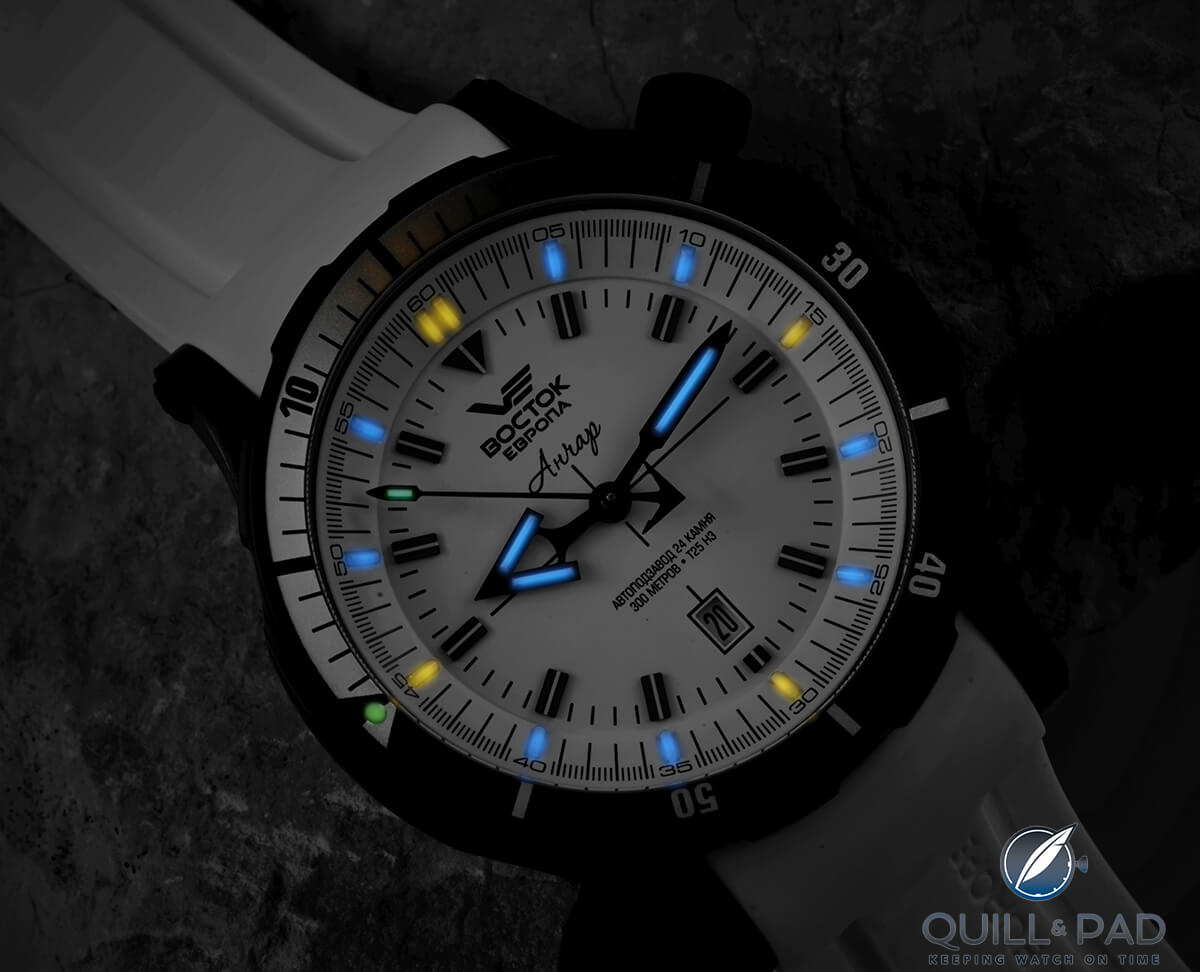 Vostok-Europe Ice Blue Anchar, the first to use ice blue tritium tubes from MB Mictrotec of Switzerland. Courtesy Tim Temple Imagery