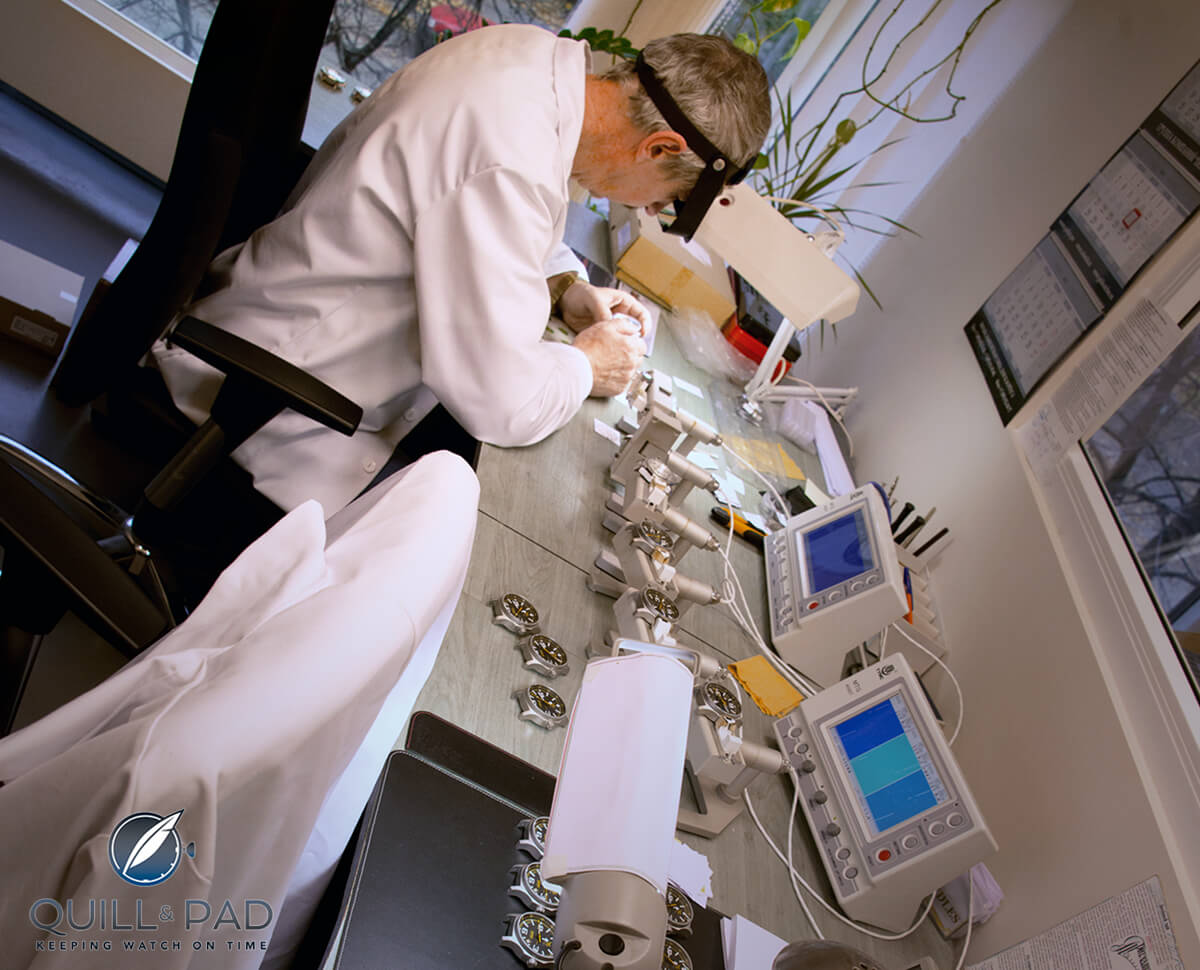 Watchmakers testing timepiece at the Vostok-Europe factory in Vilnius, Lithuania. Photo courtesy Tim Temple Imagery