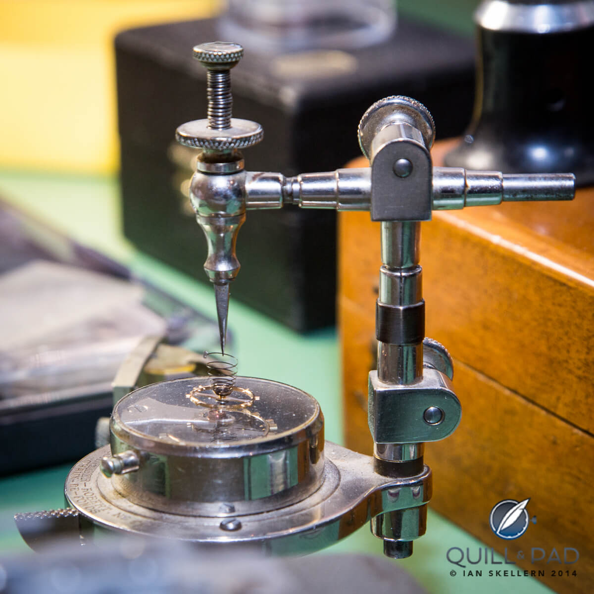 Vibrating a hairspring. The finish of the tweezers on the tool from which the hairspring is suspended are particularly important to get the precise vibrating point for the active length of the spring, which ensures good precision timing