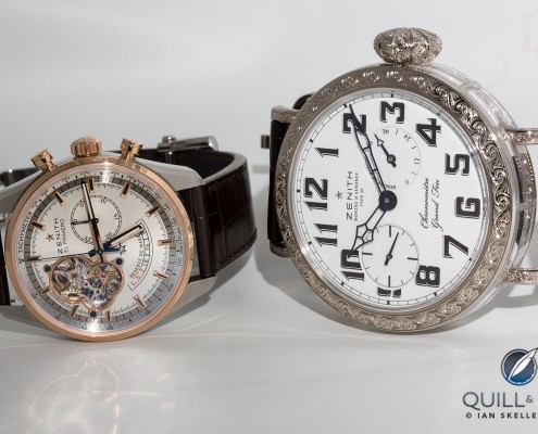 Zenith Pilot Type 20 Grand Feu 60 mm diameter (right) beside a 42mm Zenit (left)