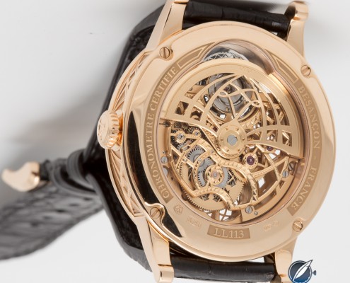 Through the display back of the L.Leroy Osmior Tourbillon automatic regulator skeleton