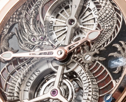 Close up of the engraved dial of the Louis Moinet Dragon Tourbillon