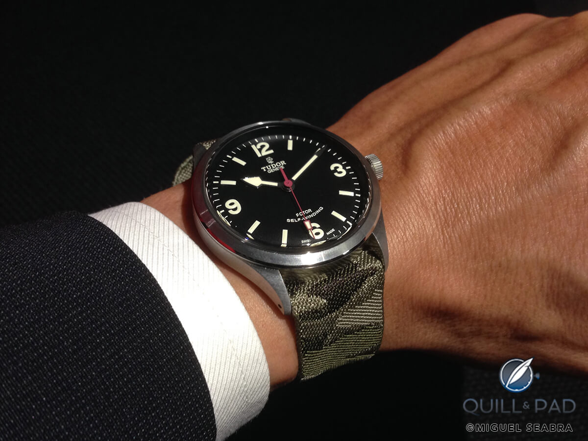 Miguel Seabra trying on a Tudor with NATO strap