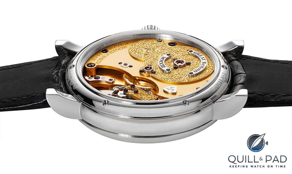 Through the display back of the Roger W. Smith GREAT Britain watch
