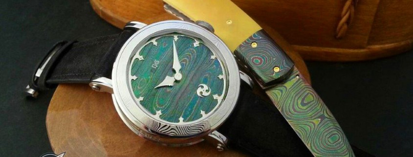 GoS Bifrost matching Damascus steel watch and knife set