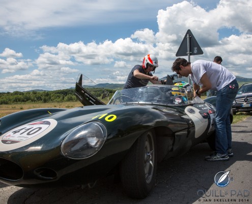 Martin-Brundle_Bruno-Senna_Mille-Miglia_1609 2014 Mille Miglia: Bruno Senna and Martin Brundle stopping to top up the oil in their 1956 Jaguar D-Type