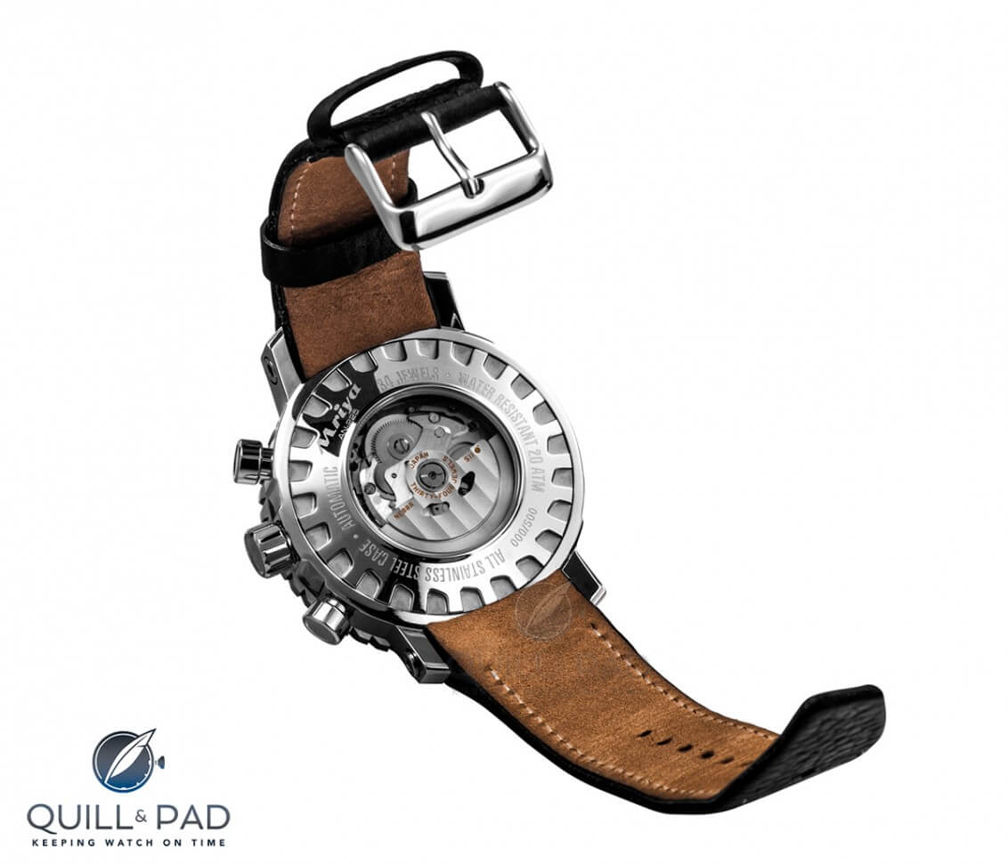 Back of the Vostok Europe Mrija chronograph with NE88 movement