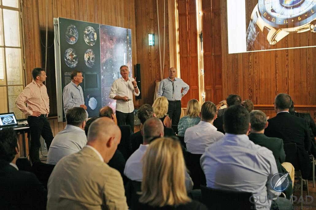 Lucas Humair, Rolf Schnyder, Pierre Gygax (talking), and Ludwig Oechslin presenting Ulysse Nardin's Moonstruck at the Nice Observatory in 2009