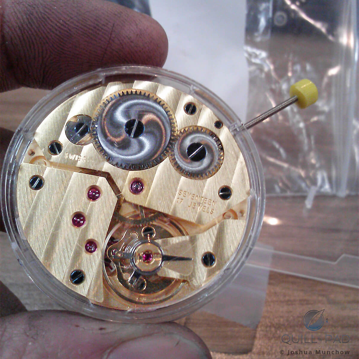 ETA/Unitas 6497 gold plated movement for the “heart”