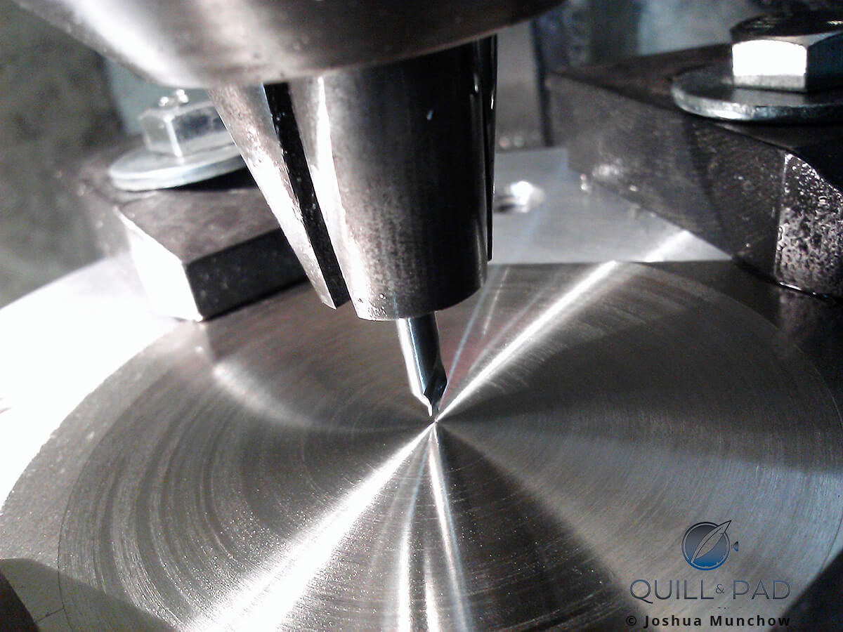 Nickel silver (aka German silver) dial set up on the manual mill for hole drilling