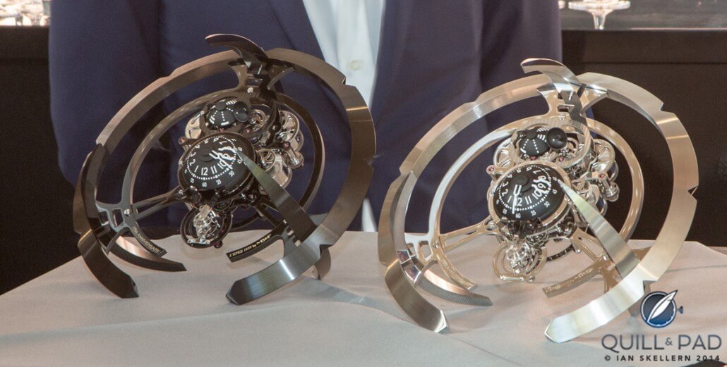 Dark and Light versions of the MB&F Starfleet Machine for L'Epée
