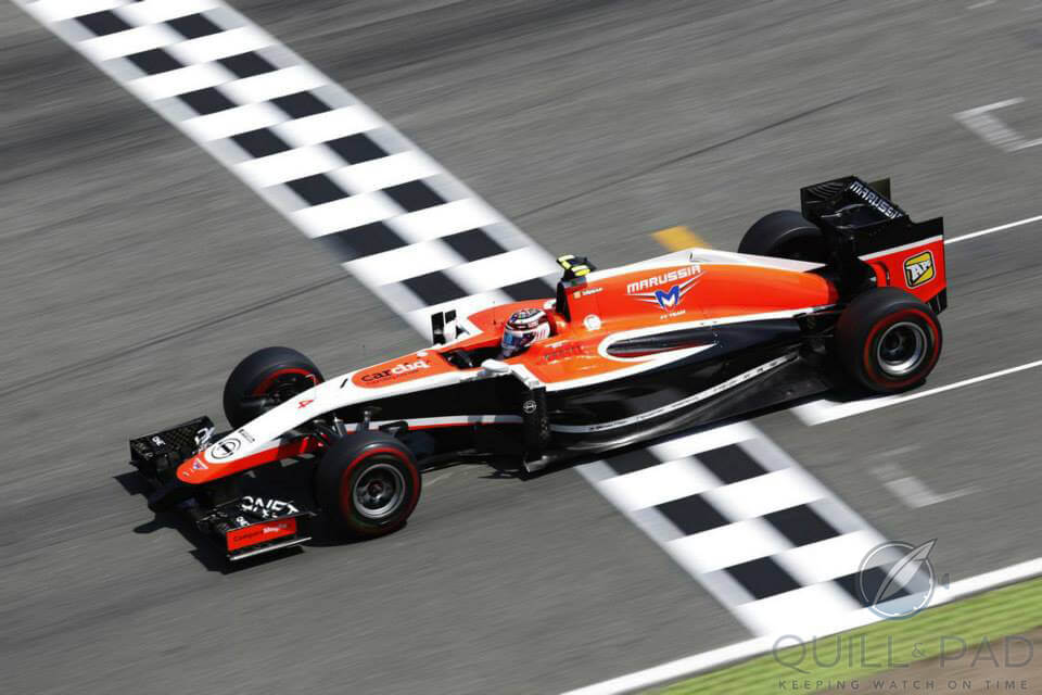 Marussia F1 driver Max Chilton crossing the line at the Hockenheim Grand Prix