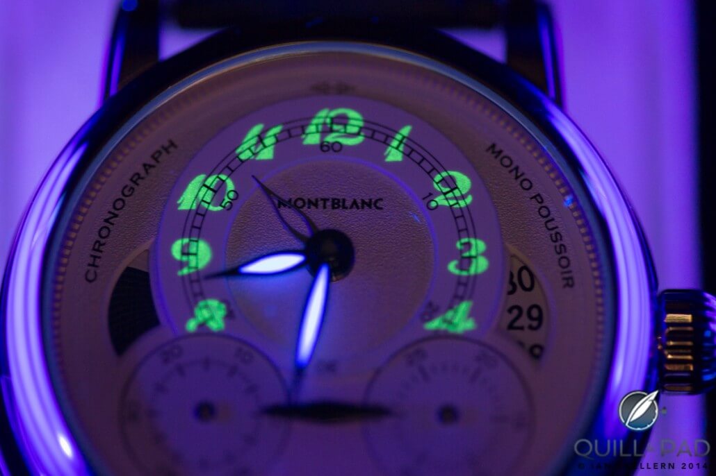 Lume shot of the Montblanc Homage to Nicolas Rieussec monopusher chronograph