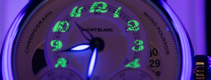 Lume shot of the Montblanc Homage to Nicolas Rieussec monopusher chronograph