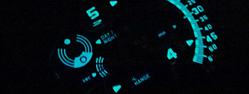 The yellow/green Super-LumiNova of the Urwerk UR-110 TTH glows an electric cool blue in the dark