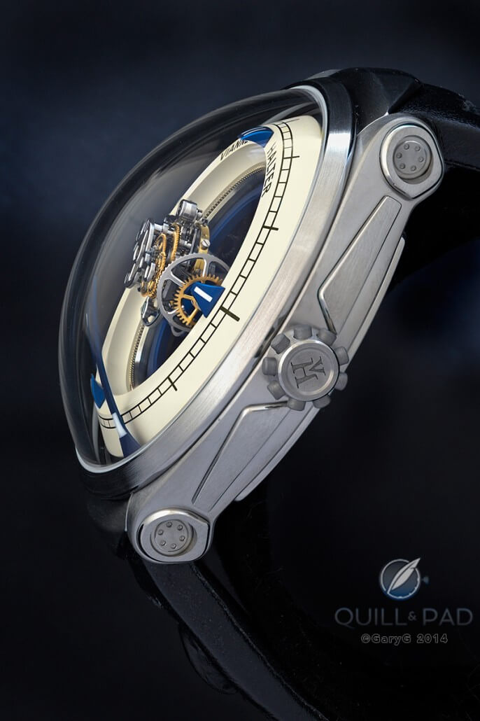 Side view of the Deep Space Tourbillon accenting the characteristic crown
