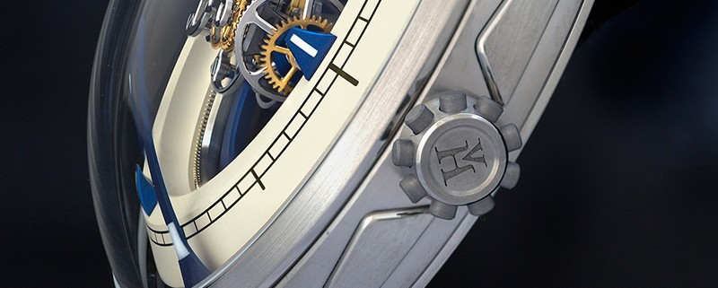 Side view of the Deep Space Tourbillon accenting the characteristic crown