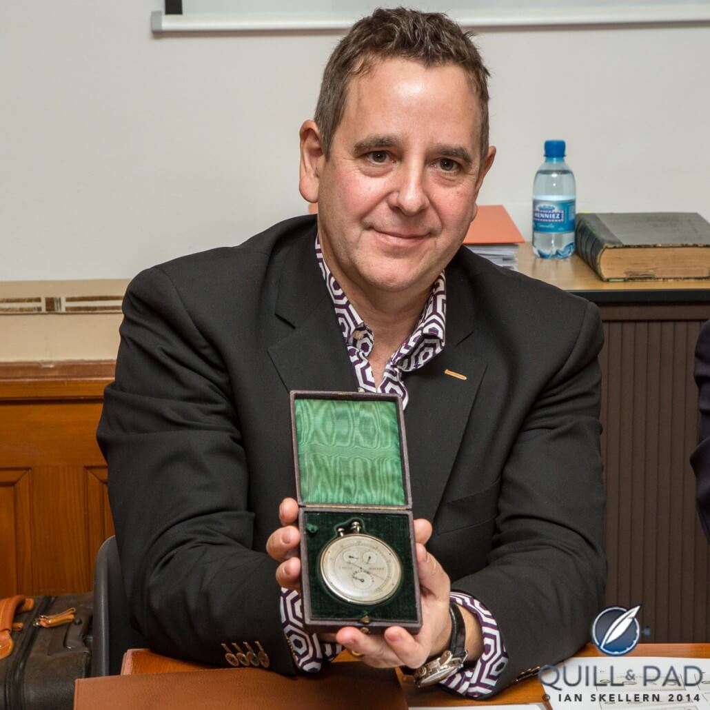 Jean-Marie Schaller, CEO and creative director of the modern Louis Moinet brand, proudly holding the compteur de tierces