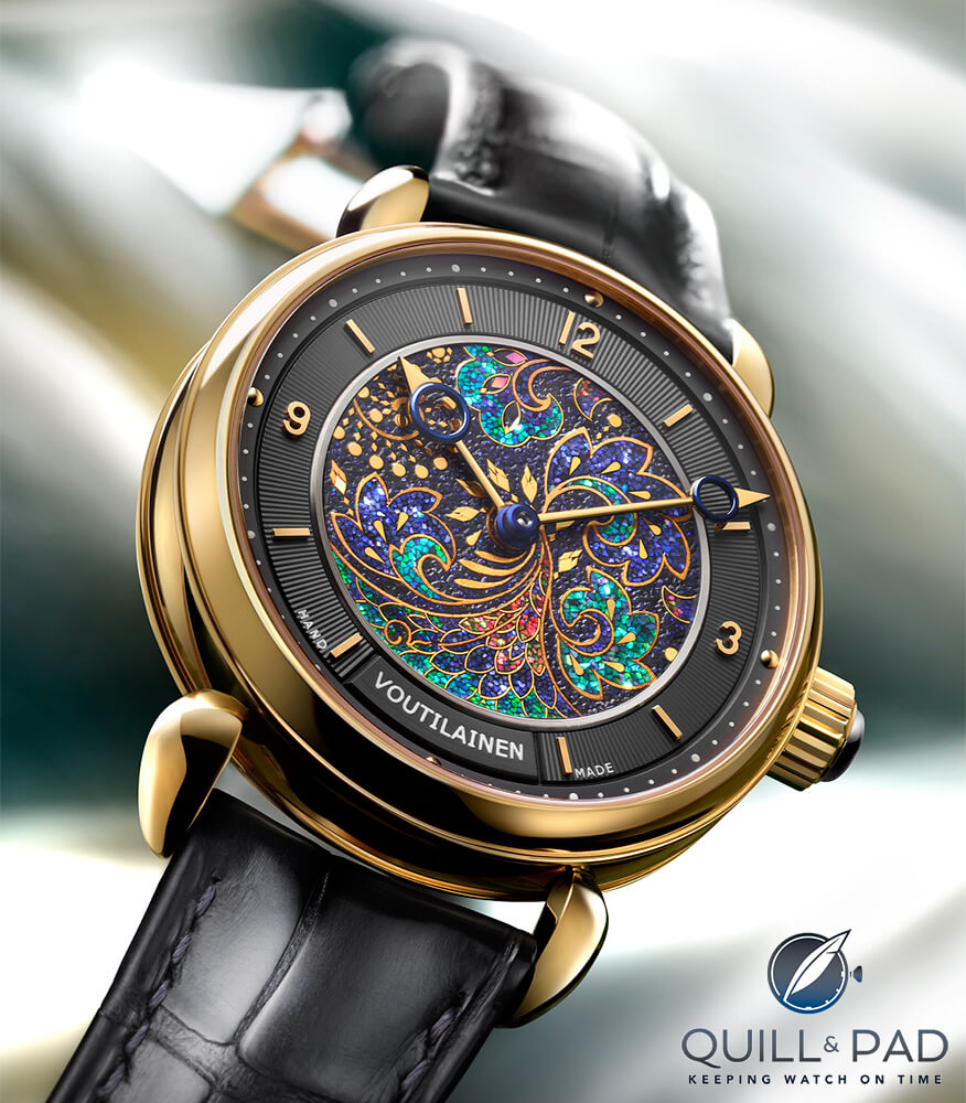 Kari Voutilainen Vingt-8 Sarasamon with dial from Unryuan studio in Japan. The Saiei Makie and Somata zaiku lacquering of this dial takes months to complete and uses gold dust), gold leaf, great green turban (a snail) shell and abalone shell from New Zealand