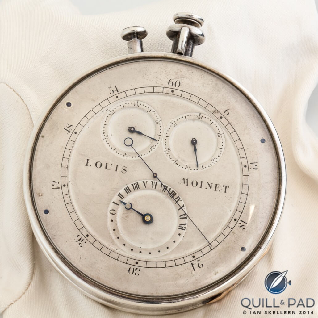Louis Moinet's compteur de tierces has four displays: a long central hand making a revolution around the dial once per second and three subdials indicating elapsed seconds, minutes, and hours