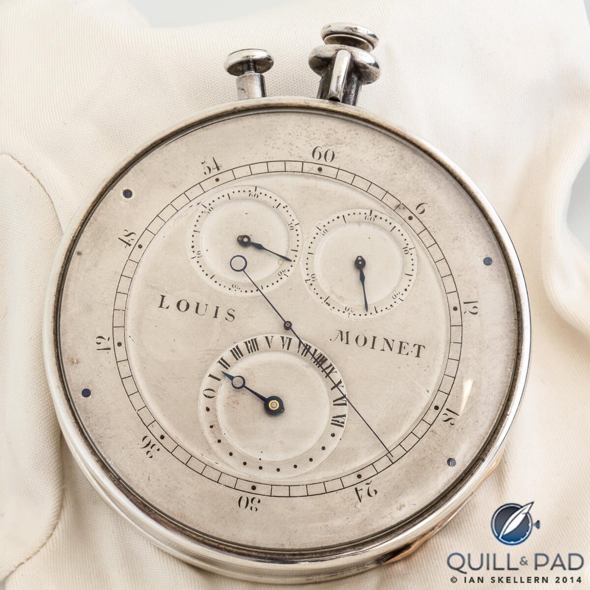 The Louis Moinet Compteur de Tierces has four displays: a long central hand rotating once per second, and three sub dials indicating elapsed seconds, minutes, and hours