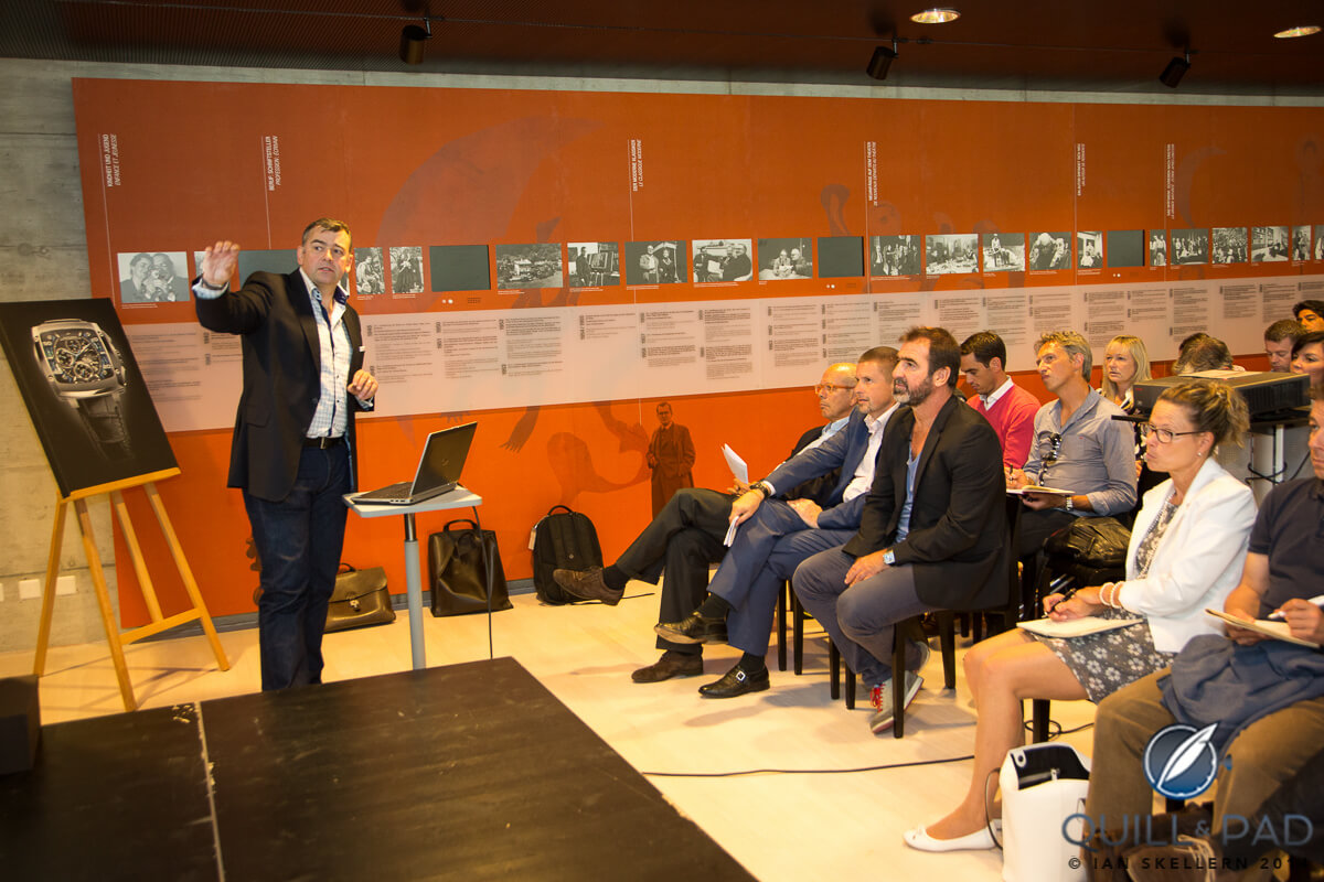 Hautlence CEO, Guillaume Tetu, explaining the brand's rocky history and (hopefully) promising future at the 10th anniversary press conference in Neuchâtel