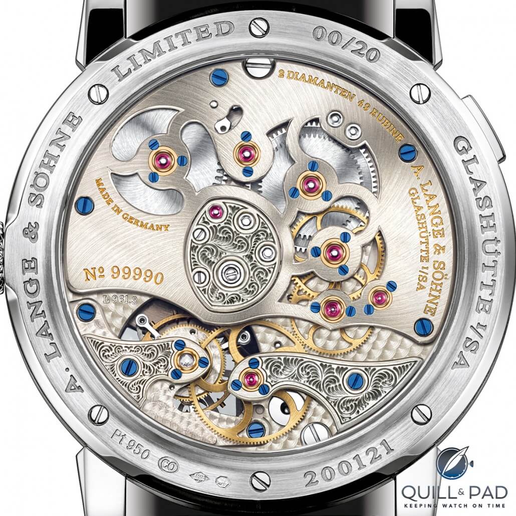 The intricately hand-engraved movement of the Lange 1 Tourbillon Handwerkskunst