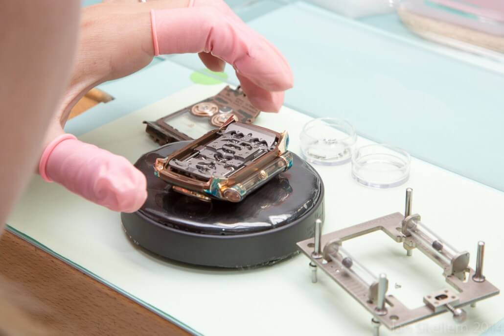 The movement of the Christophe Claret X-TREM-1 upside down in its case; the back is still to be fitted