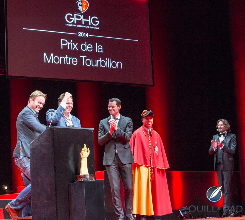 Bart and Tim Grönefeld were overjoyed to receive the prizie for best Tourbillon for the Grönefeld Parallax Tourbillon