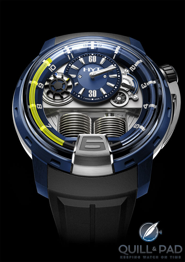 HYT H1 Alumen Blue: the case is in ALUN 316B, a new alloy made from aluminum, magnesium, titanium and zirconium