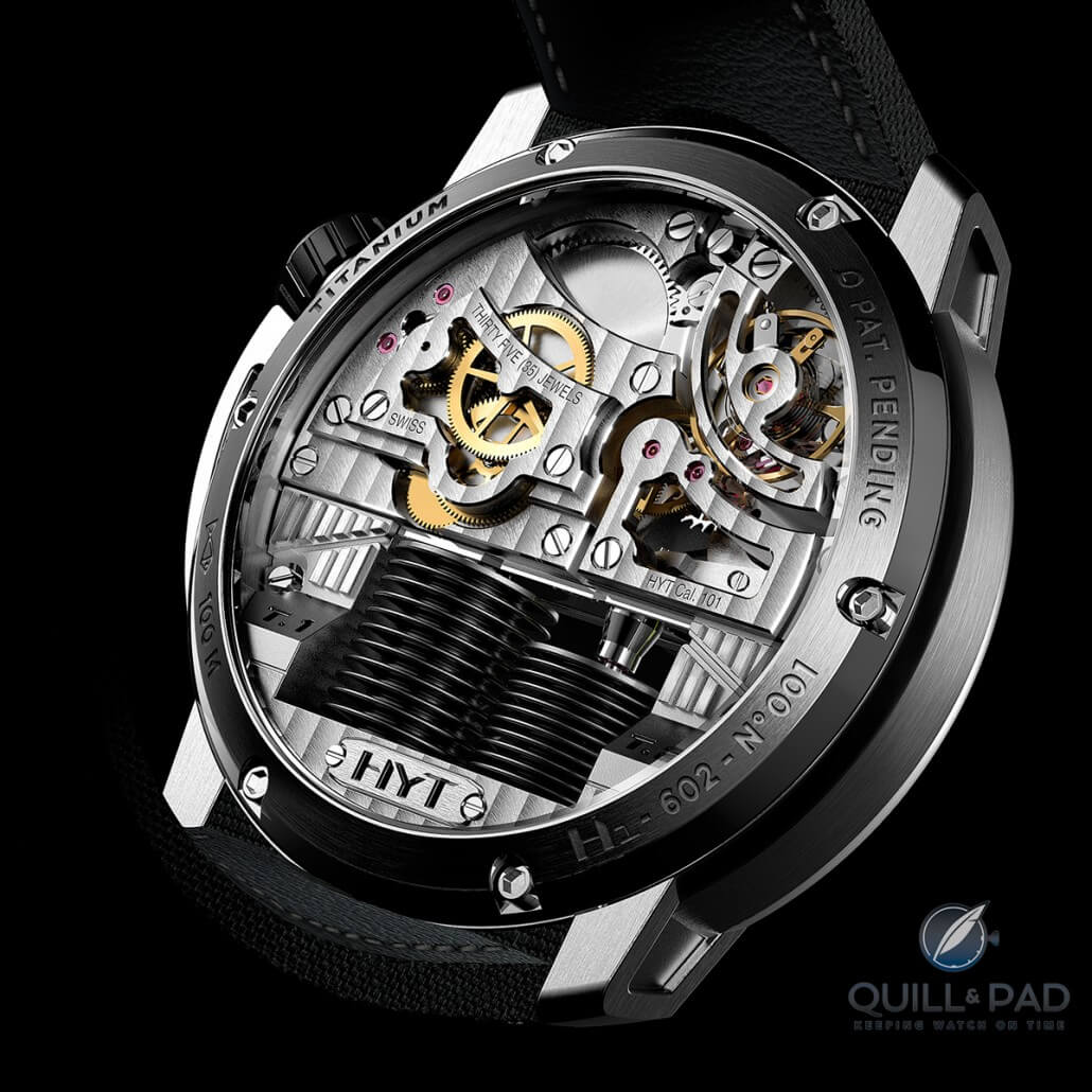 Through the display back of the HYT H1: the dual bellows that control the fluid are visible from both front and back