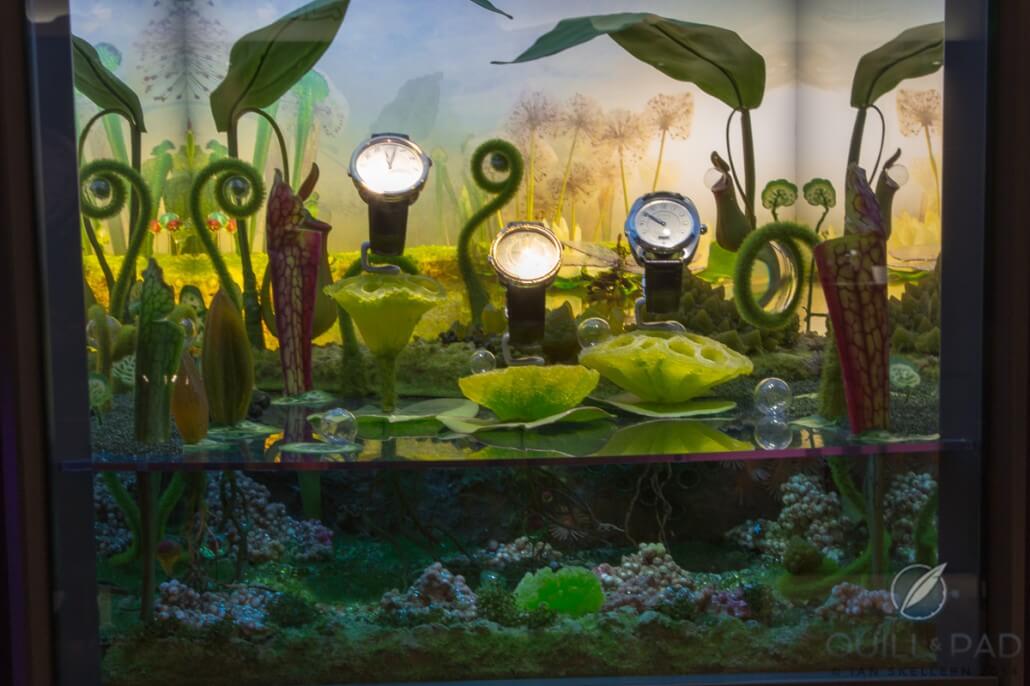 A funky aquarium setting for this Hermès watch display case at SalonQP 2014