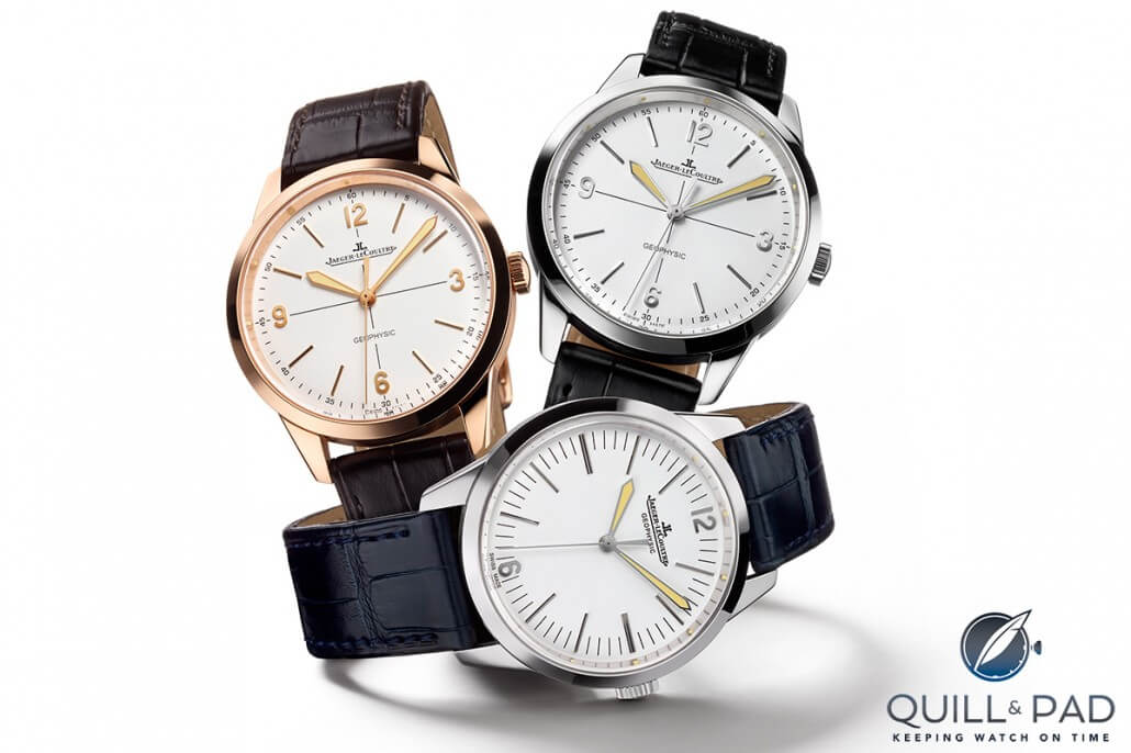 The Jaeger-LeCoultre Geophysic 1958 in pink gold and stainless steel at the top; the historic 1958 version is at the bottom