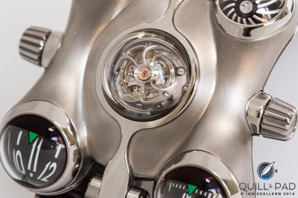 The central flying tourbillon (with shield open) on top of MB&F's Horological Machine No. 6