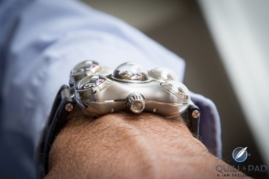 The MB&F Horological Machine No. 6 on the wrist; note how the time and turbine spheres curve the case around the wrist