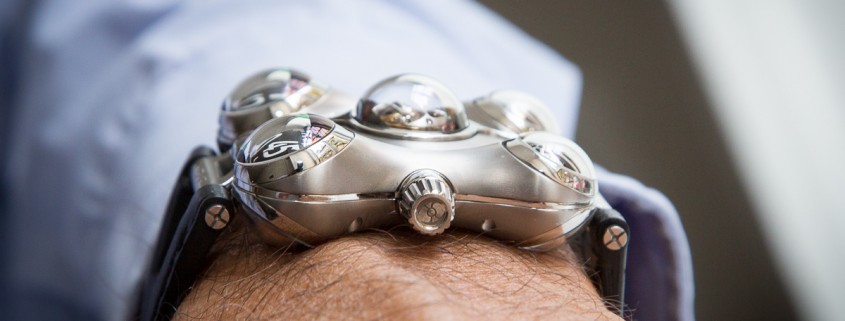 Horological Machine No. 6 on the wrist. Notice how the time and turbine spheres curve the case around the wrist
