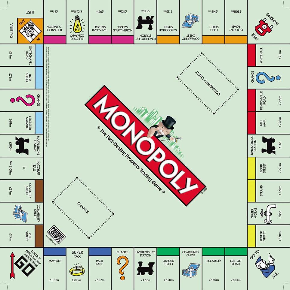 A Monopoly board with a London theme; Mayfair is at bottom left beside