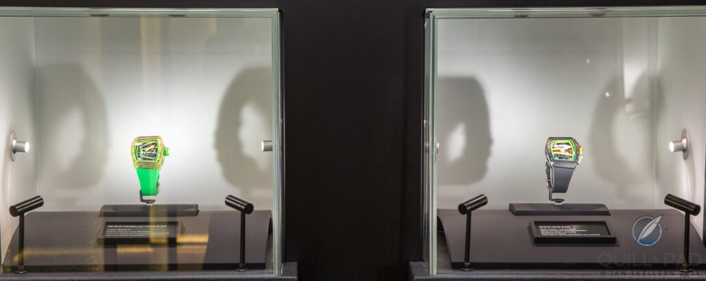 Display cases containing RM50 Yohan Blake models at the Richard Mille boutique in Mayfair, London