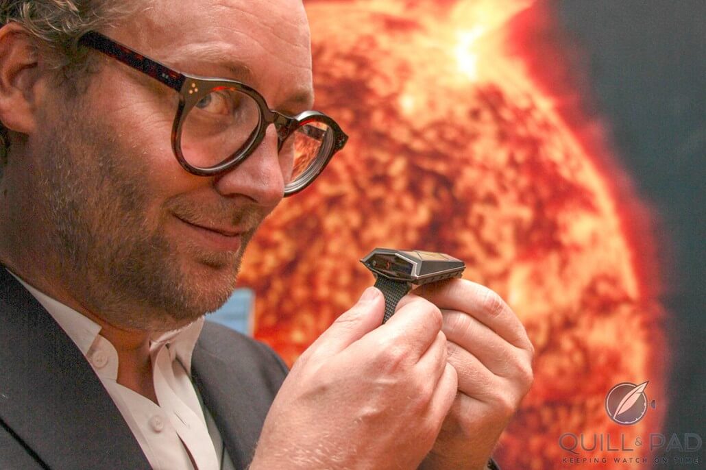 Romain Jerome CEO Manuel Emch with the Spacecraft (photo courtesy Erik Meza/SIAR)