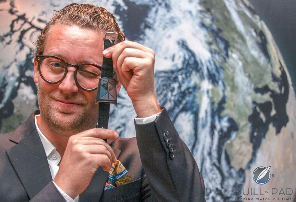 Romain Jerome CEO Manuel Emch with the Spacecraft (photo courtesy Erik Meza/SIAR)