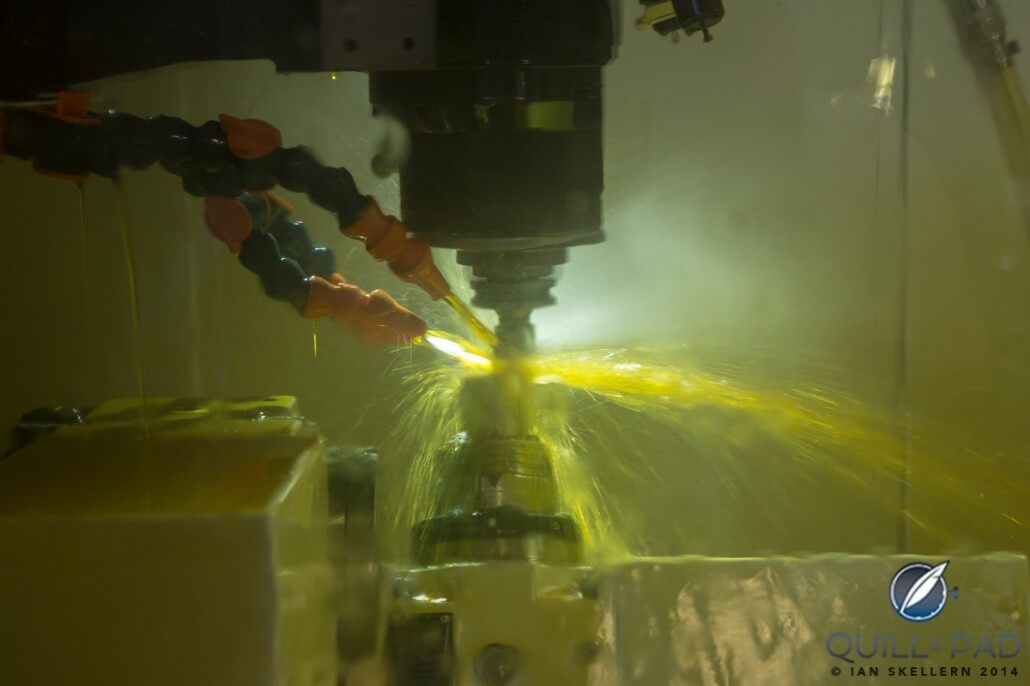 A plate for the Caliber R822 buckle being fabricated on a CNC machine