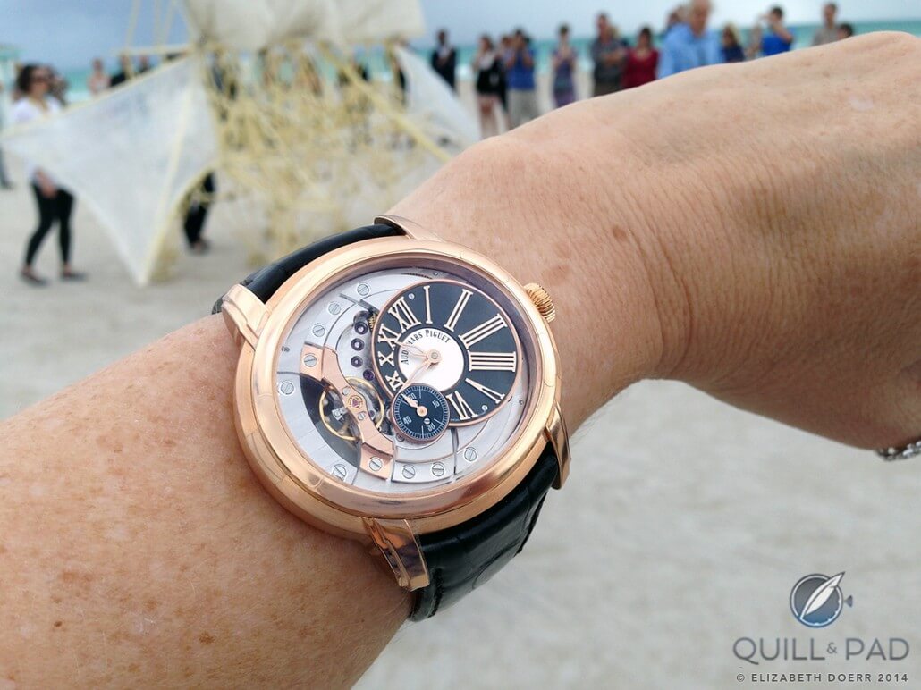 Audemars Piguet Millenary 4101 in pink gold with one of Theo Jansen’s Strandbeests on Miami Beach during Art Basel
