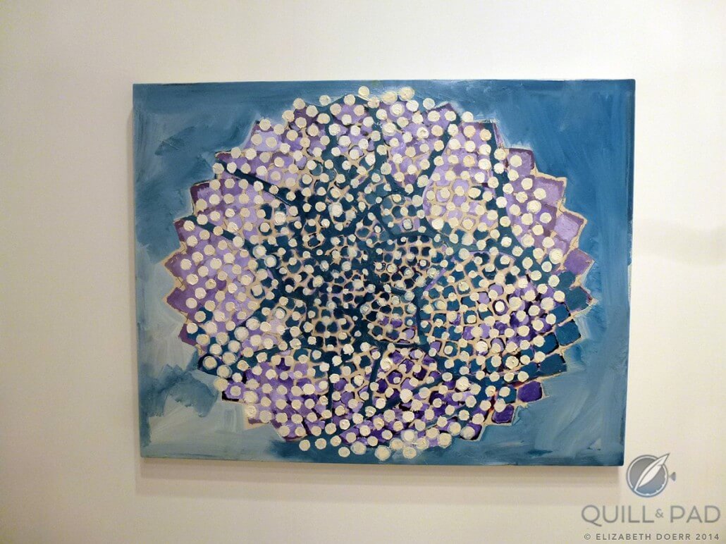 At first I was drawn to this painting within Art Basel Miami due to its color; its name ‘Clocks and Clouds’ held my attention enough to research a bit into the artist