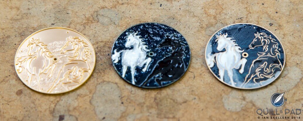 Three steps in the process of creating an Ulysse Nardin champlevé enamel dial