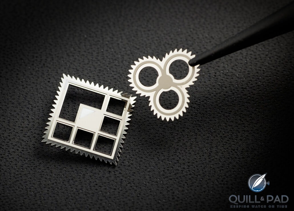 The unusually-shaped square and clover-leaf gears of the Maurice Lacroix Roue Carrée