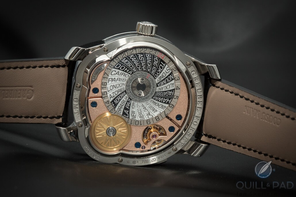 Back of the Greubel Forsey GMT in white gold with red gold dial