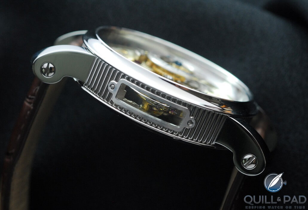 Window set into the case band of the RGM MM2 Pennsylvania Tourbillon
